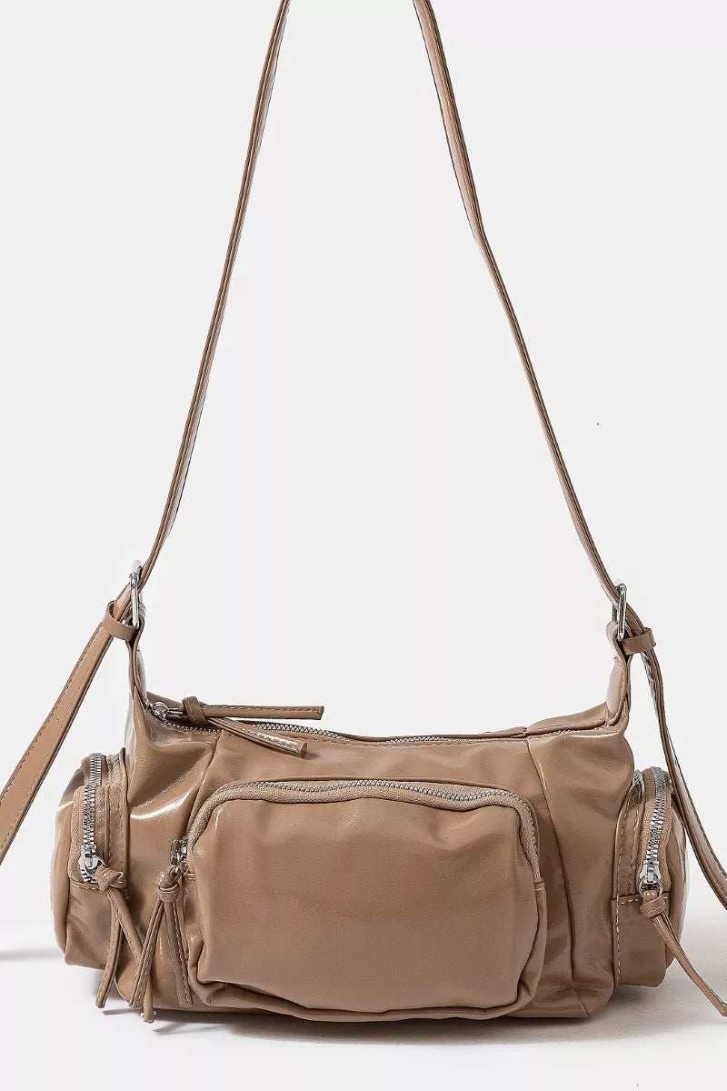Fame Glossy Faux Leather Multi Pocket Hand Bag - Trendsi - Flyclothing LLC