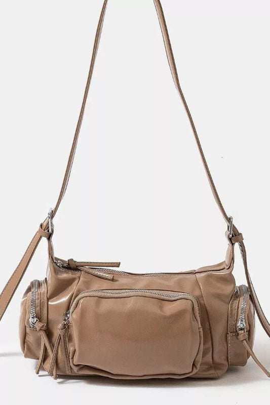 Fame Glossy Faux Leather Multi Pocket Hand Bag - Trendsi - Flyclothing LLC