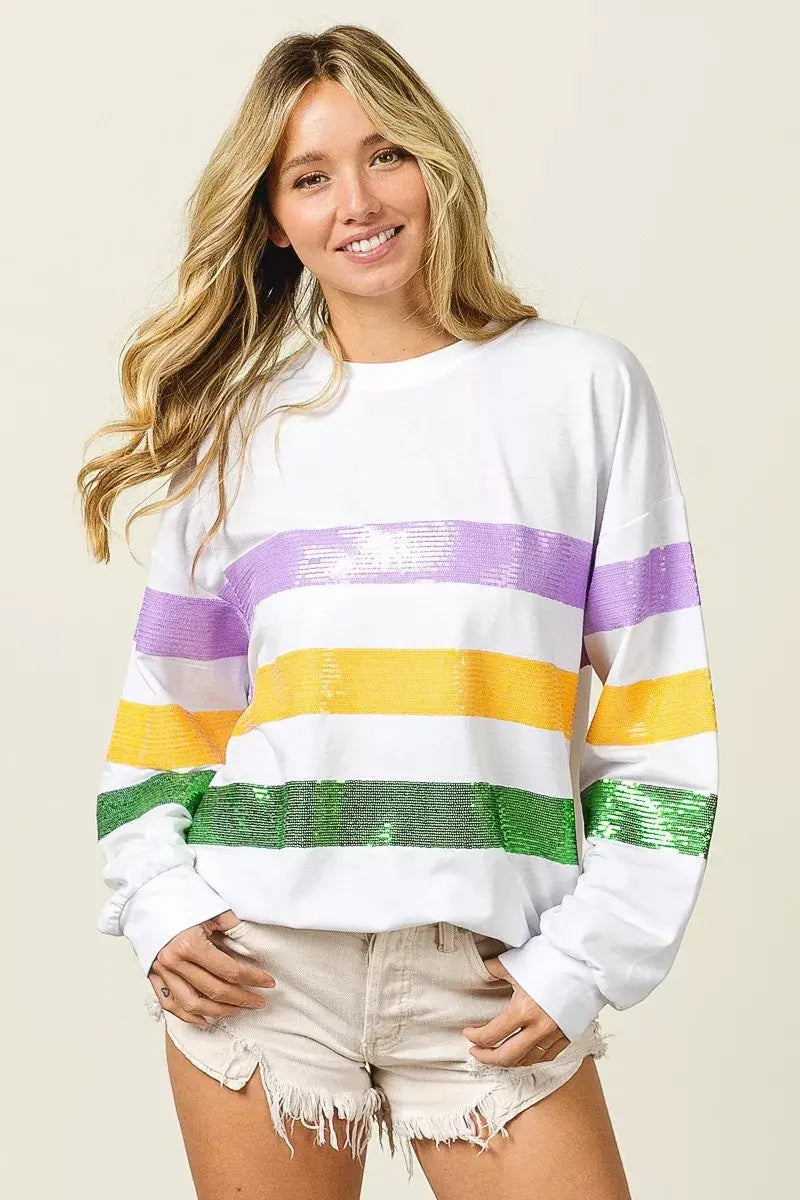 BiBi Sequin Mardi Gras Striped Round Neck Sweatshirt - Trendsi - Flyclothing LLC