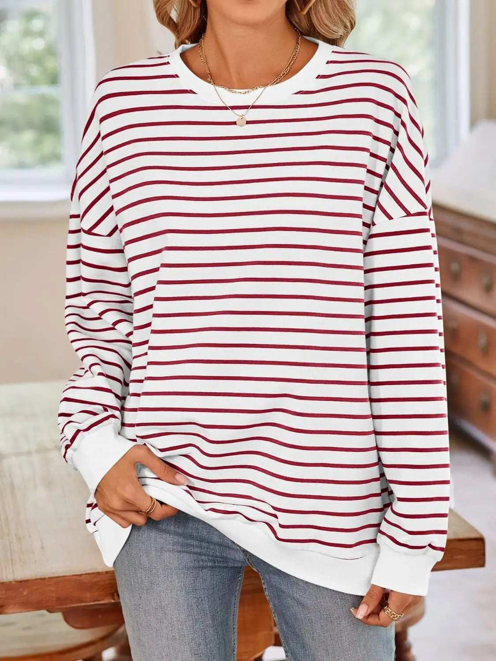 Striped Round Neck Long Sleeve Sweatshirt - Trendsi - Flyclothing LLC