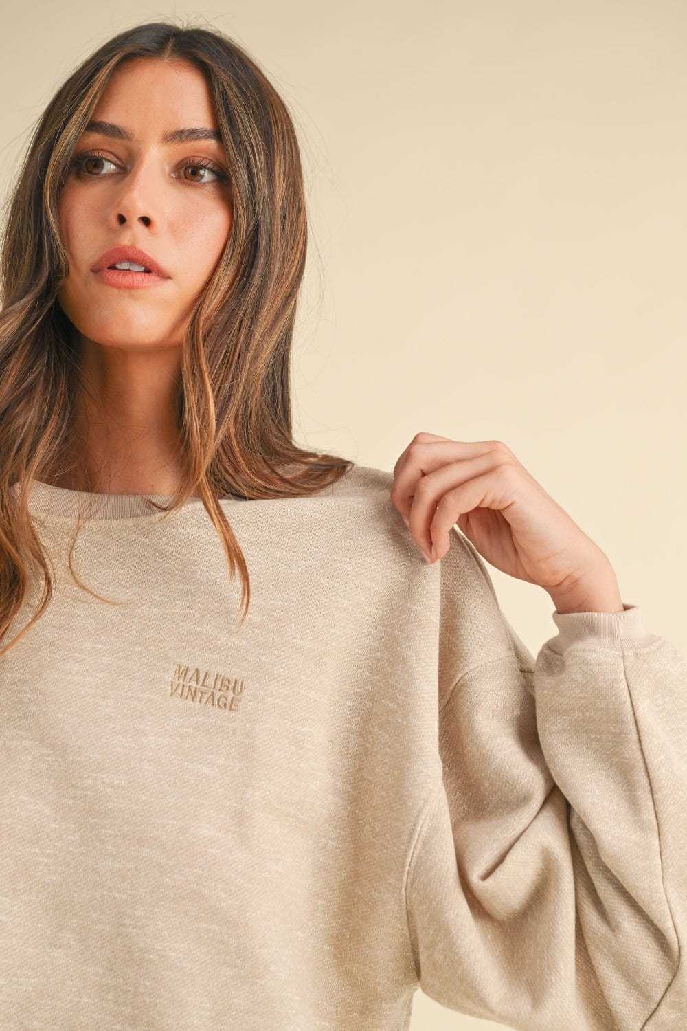 Mable Round Neck Letter Embroidery Crop Sweatshirt - Trendsi