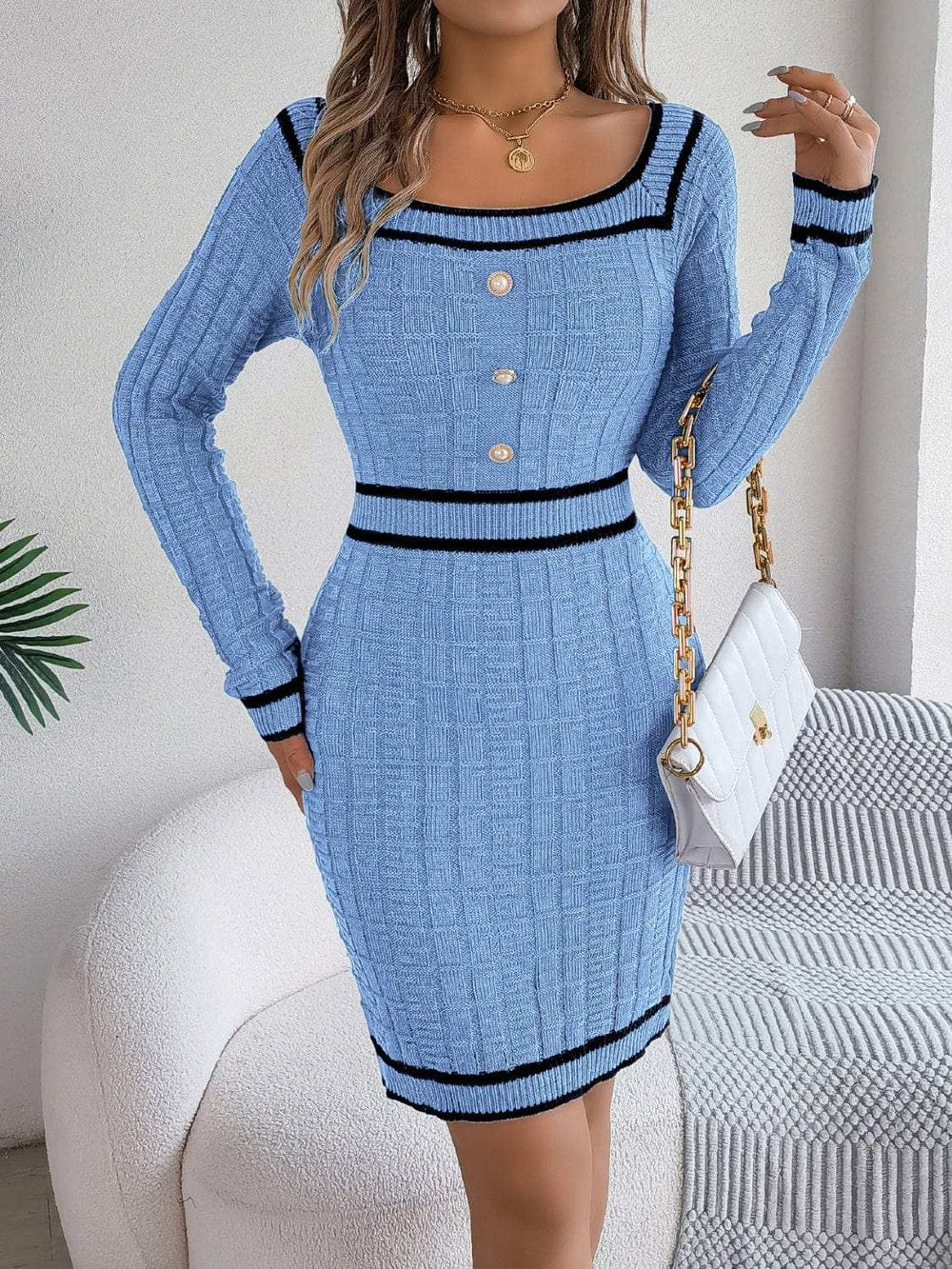 Contrast Trim Long Sleeve Sweater Dress - Trendsi - Flyclothing LLC