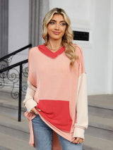 Double Take Contrast Hooded Long Sleeve Top - Trendsi - Flyclothing LLC
