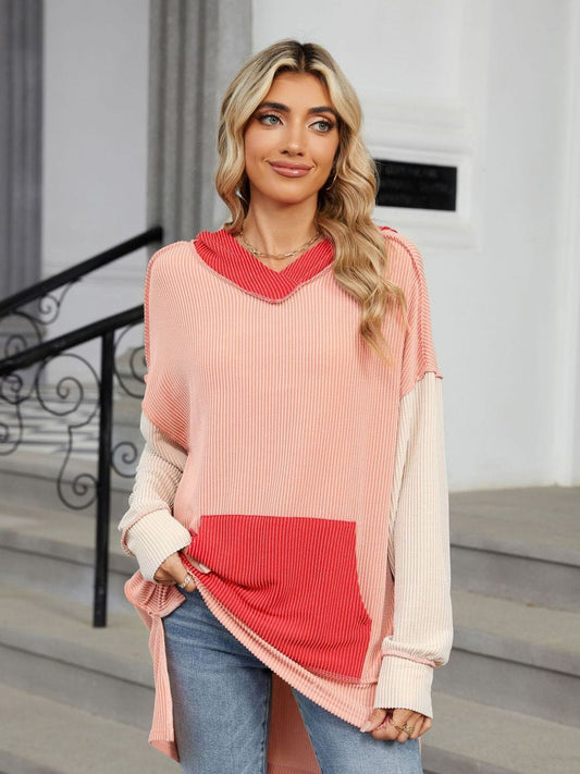 Double Take Contrast Hooded Long Sleeve Top - Trendsi
