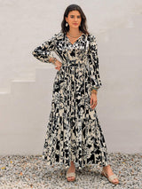 Smocked Printed Tie Neck Long Sleeve Dress - Trendsi - Flyclothing LLC