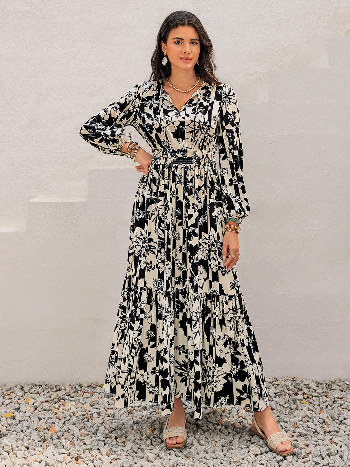 Smocked Printed Tie Neck Long Sleeve Dress - Trendsi - Flyclothing LLC