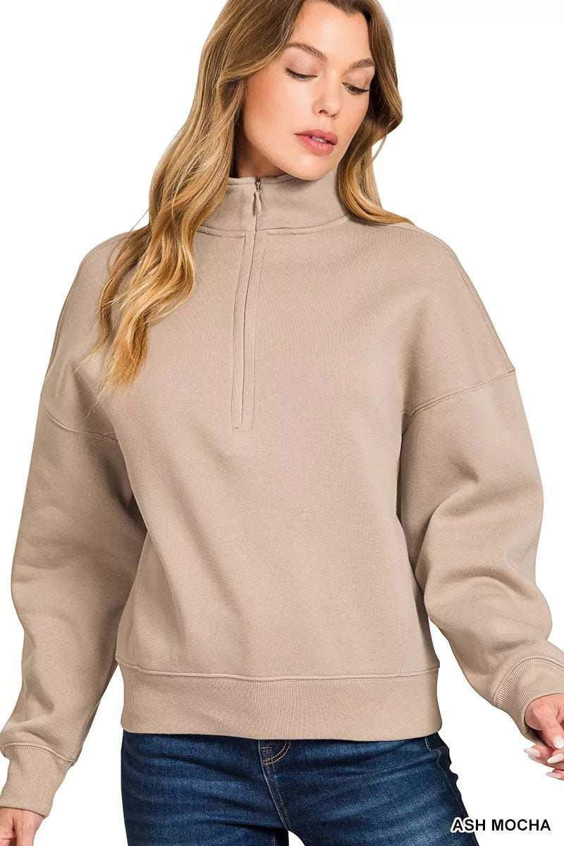 Zenana Fleece High Neck Half Zip Sweatshirt - Trendsi - Flyclothing LLC