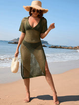 Slit Openwork Johnny Collar Short Sleeve Cover-Up - Trendsi - Flyclothing LLC