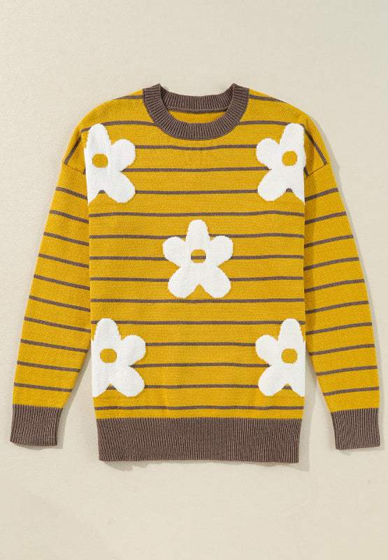 Flower Stripe Round Neck Long Sleeve Sweater - Trendsi - Flyclothing LLC