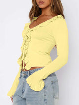 Ruffled Tie Front Flare Sleeve Shirt - Trendsi - Flyclothing LLC