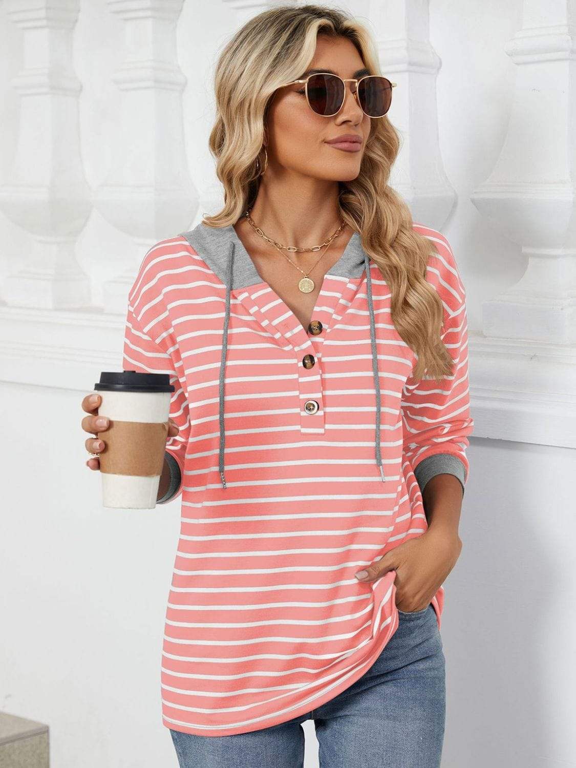 Drawstring Striped Long Sleeve Hoodie - Trendsi - Flyclothing LLC