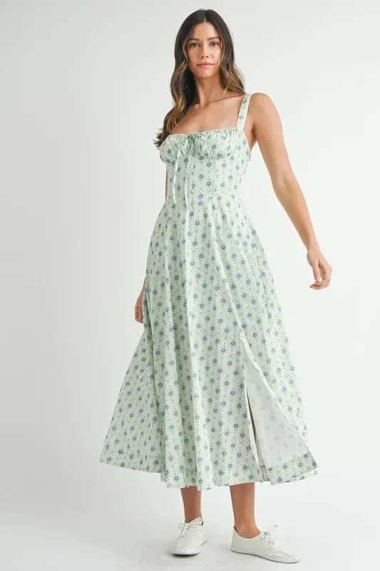 MABLE Floral Print Bustier Back Lace Up Midi Dress - Trendsi - Flyclothing LLC