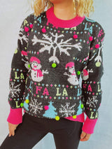 Snowman Contrast Trim Round Neck Sweater - Trendsi - Flyclothing LLC