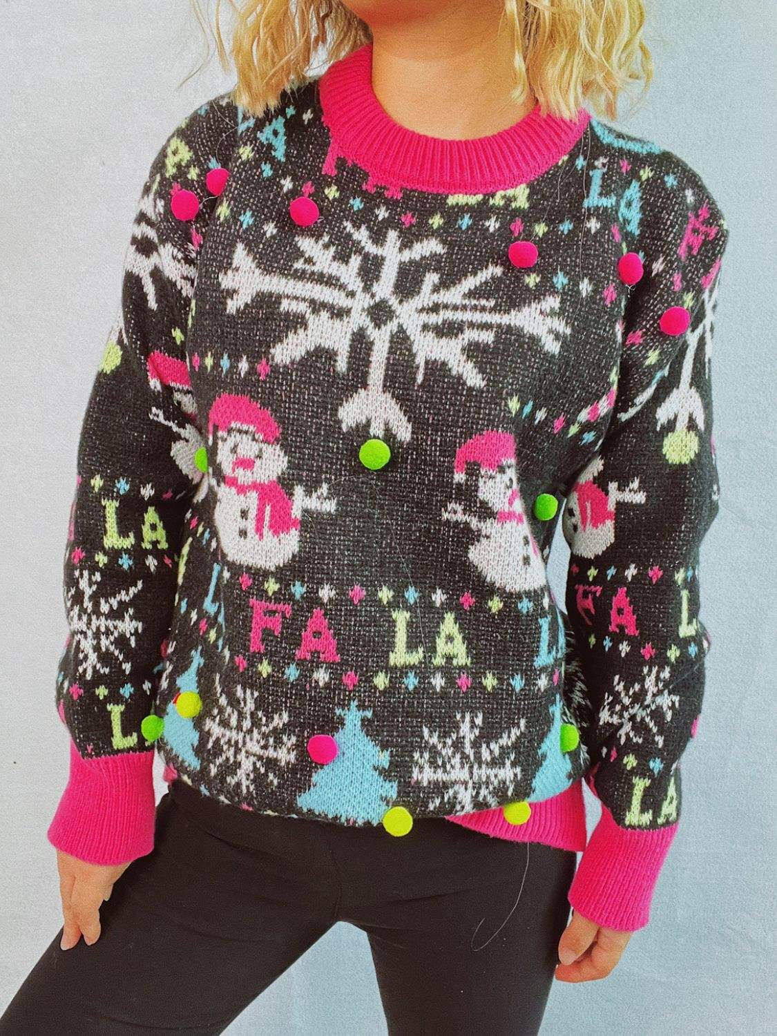 Snowman Contrast Trim Round Neck Sweater - Trendsi - Flyclothing LLC