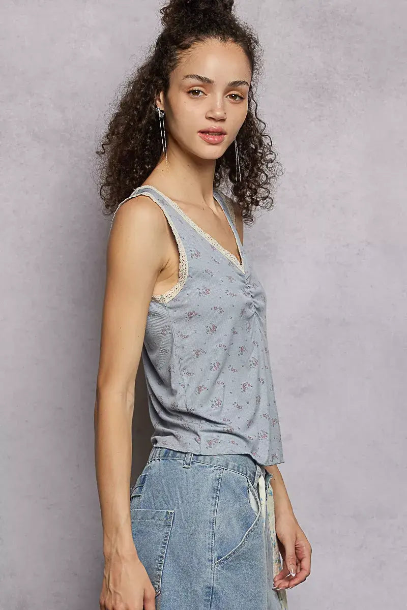 POL Ruched Floral V-Neck Tank with Lace Detail - Trendsi - Flyclothing LLC