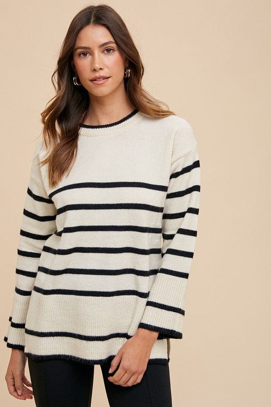 Annie Wear Side Slit Striped Round Neck Sweater - Trendsi