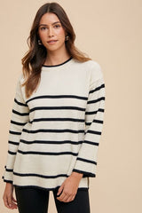 Annie Wear Side Slit Striped Round Neck Sweater - Trendsi