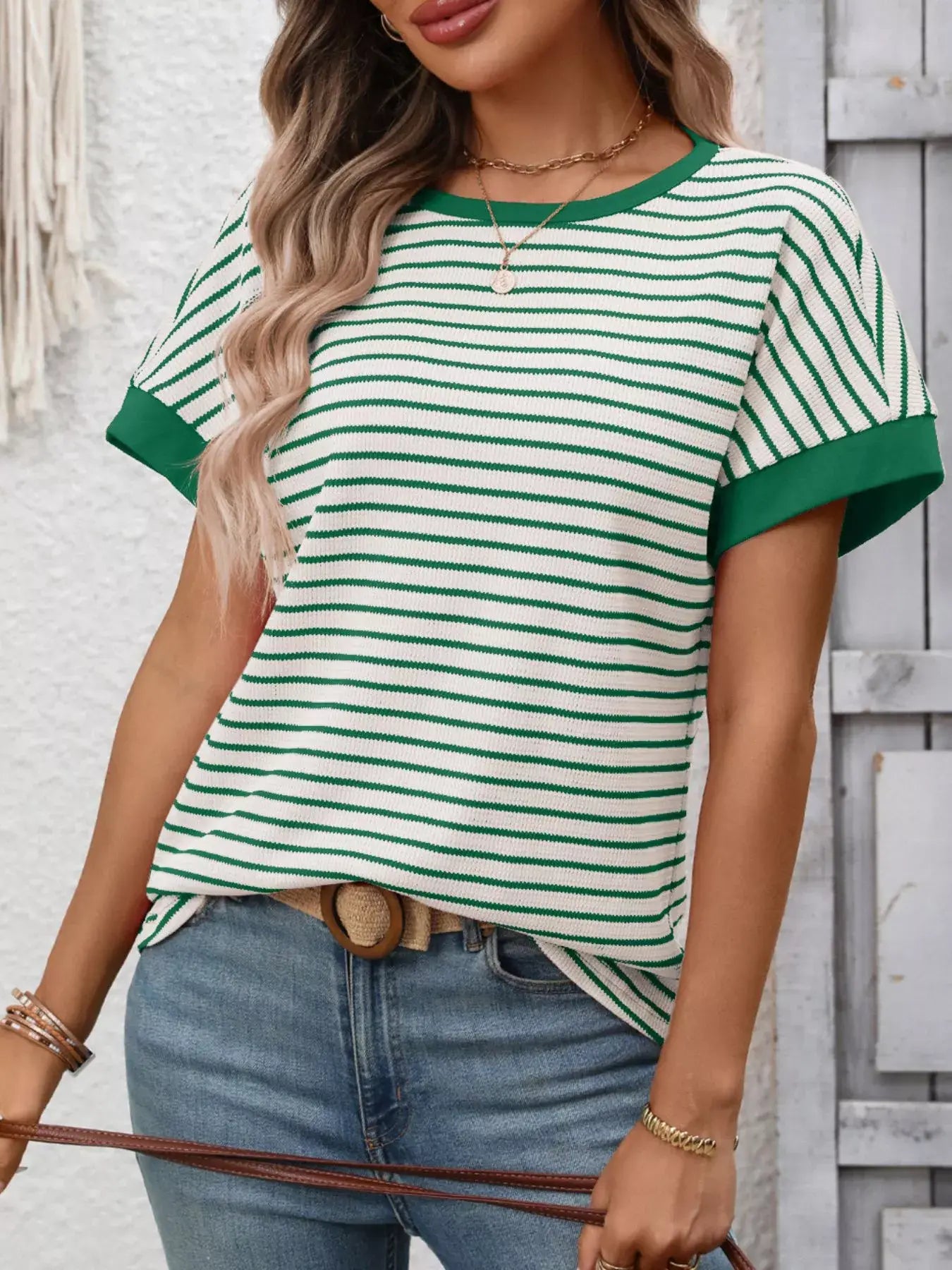 Striped Ribbed Knit Short Sleeve T-Shirt - Trendsi - Flyclothing LLC