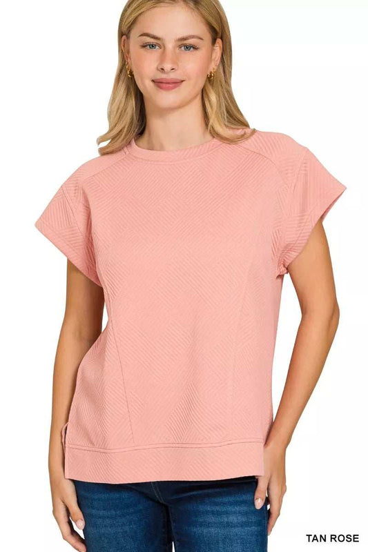 Zenana Textured Knit Jacquard Short Sleeve Top - Trendsi - Flyclothing LLC