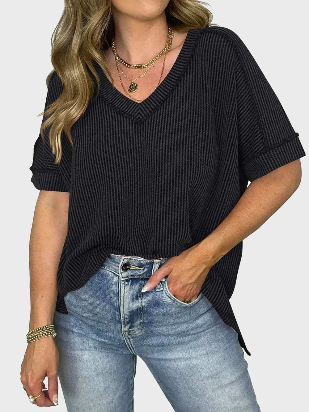 Lovelet Texture V-Neck Half Sleeve T-Shirt - Trendsi - Flyclothing LLC