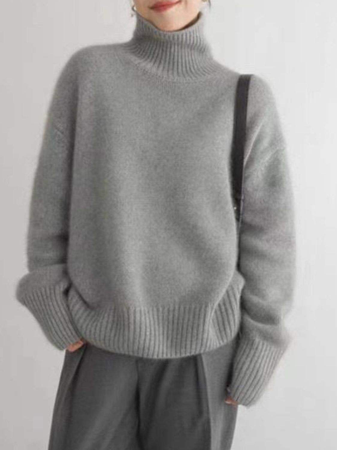 Turtleneck Dropped Shoulder Long Sleeve Sweater - Trendsi - Flyclothing LLC