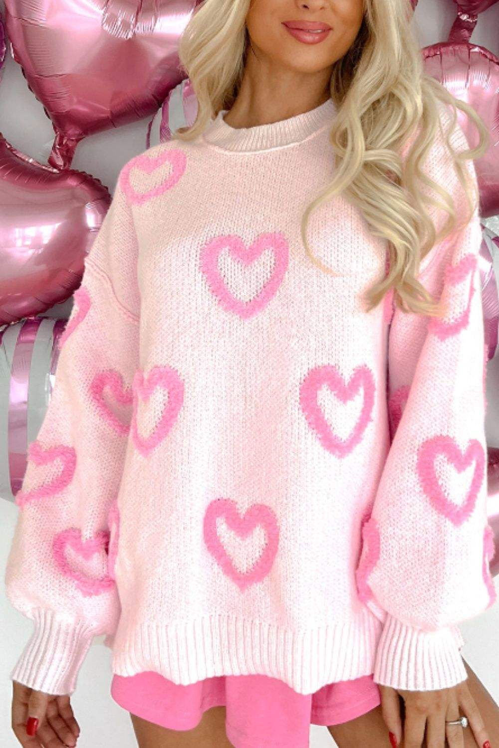 High-Low Heart Round Neck Long Sleeve Sweater - Trendsi - Flyclothing LLC