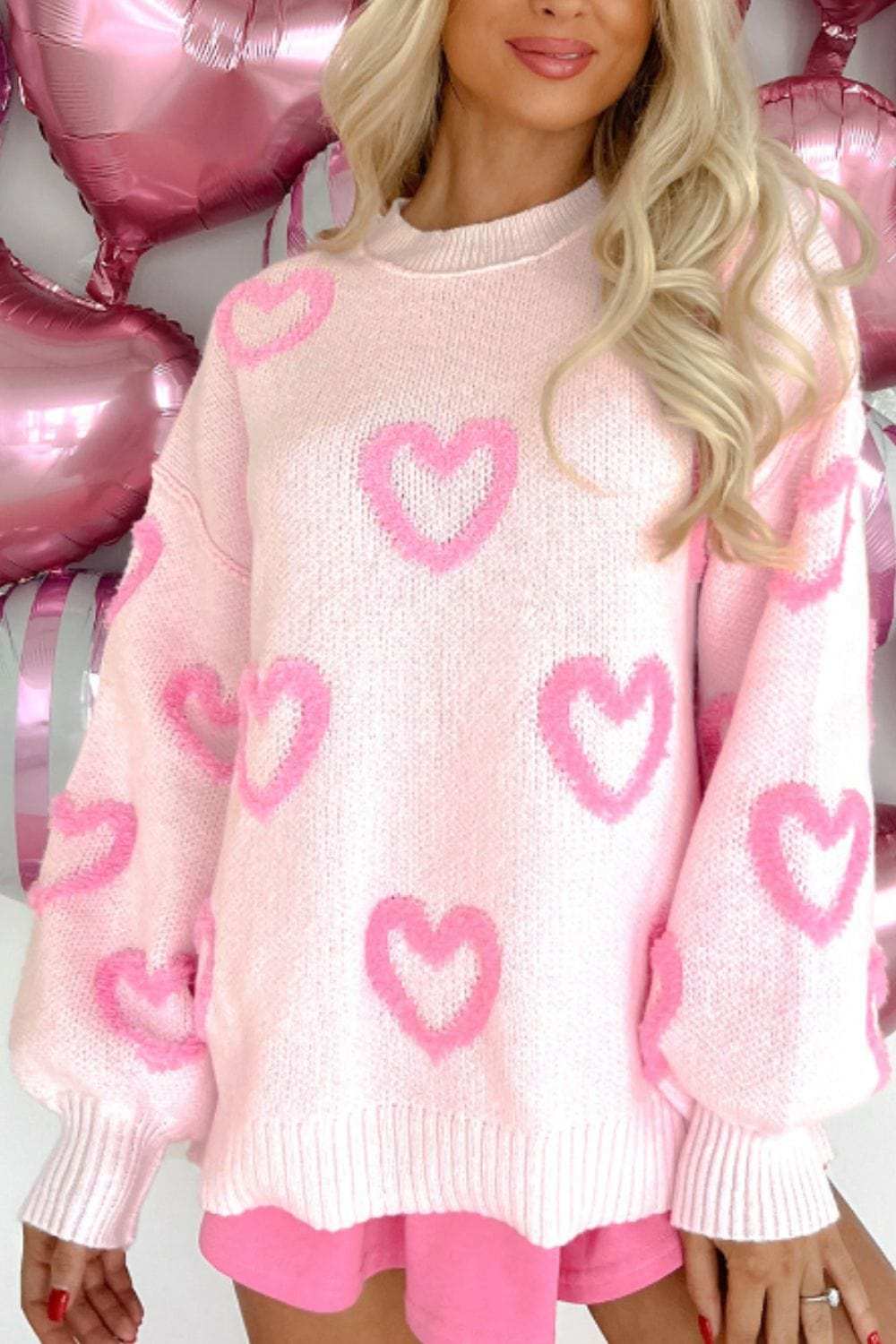 High-Low Heart Round Neck Long Sleeve Sweater - Trendsi - Flyclothing LLC
