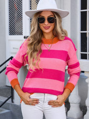 Contrast Striped Round Neck Sweater - Trendsi