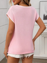 Contrast Trim V-Neck Short Sleeve Knit Top - Trendsi - Flyclothing LLC