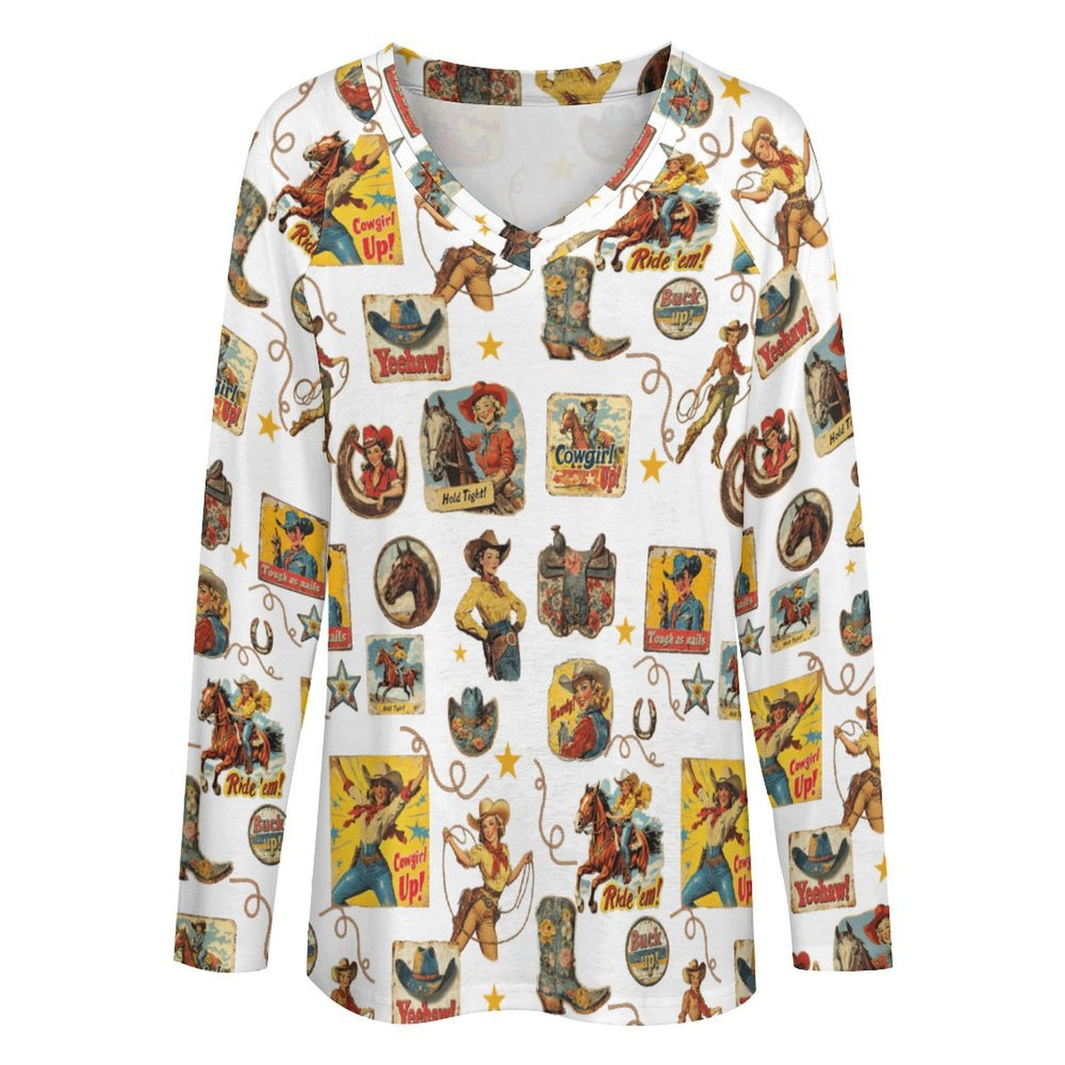 Baha Ranch Vintage Cowgirl Collage Western Print Long Sleeve Top - Baha Ranch Western Wear - Flyclothing LLC