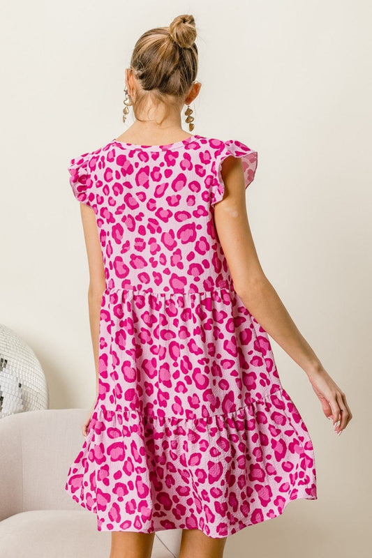 BiBi Leopard Cap Sleeve Tiered Mini Dress - Trendsi