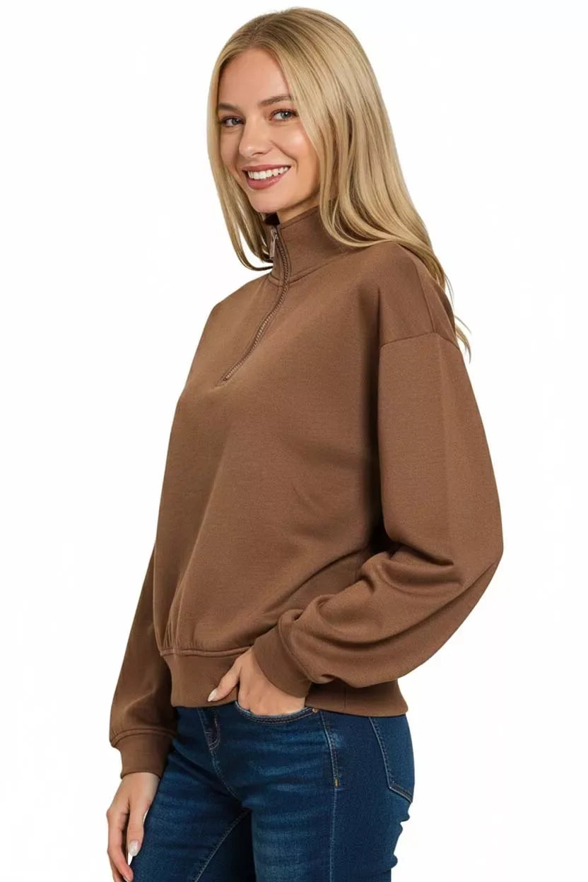 Zenana Scuba Half Zip Pullover Sweatshirt - Trendsi - Flyclothing LLC