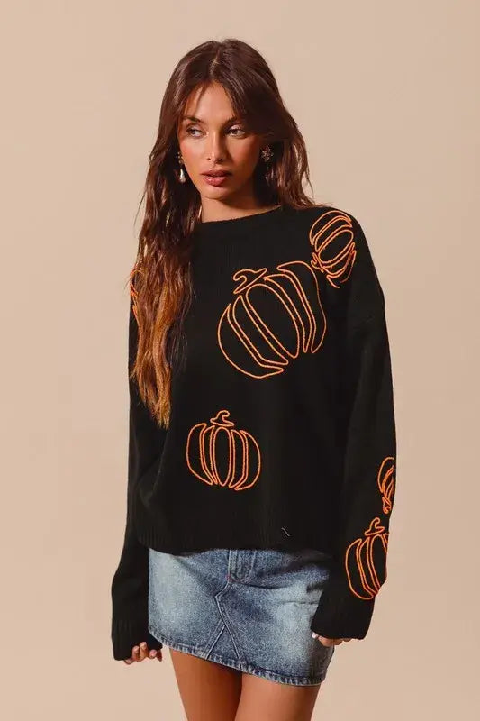 SO ME Pumpkin Embroidered Halloween Thanksgiving Sweater - Trendsi - Flyclothing LLC