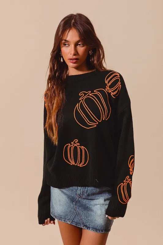 SO ME Pumpkin Embroidered Halloween Thanksgiving Sweater - Trendsi - Flyclothing LLC
