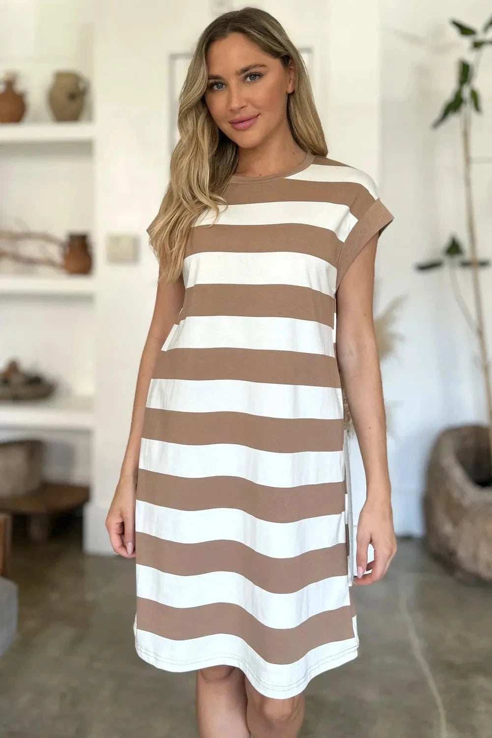 Basic Bae Full Size Striped Round Neck Cap Sleeve Mini Dress - Trendsi - Flyclothing LLC