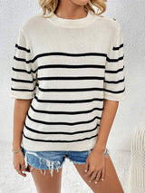 Striped Round Neck Half Sleeve Knit Top - Trendsi - Flyclothing LLC