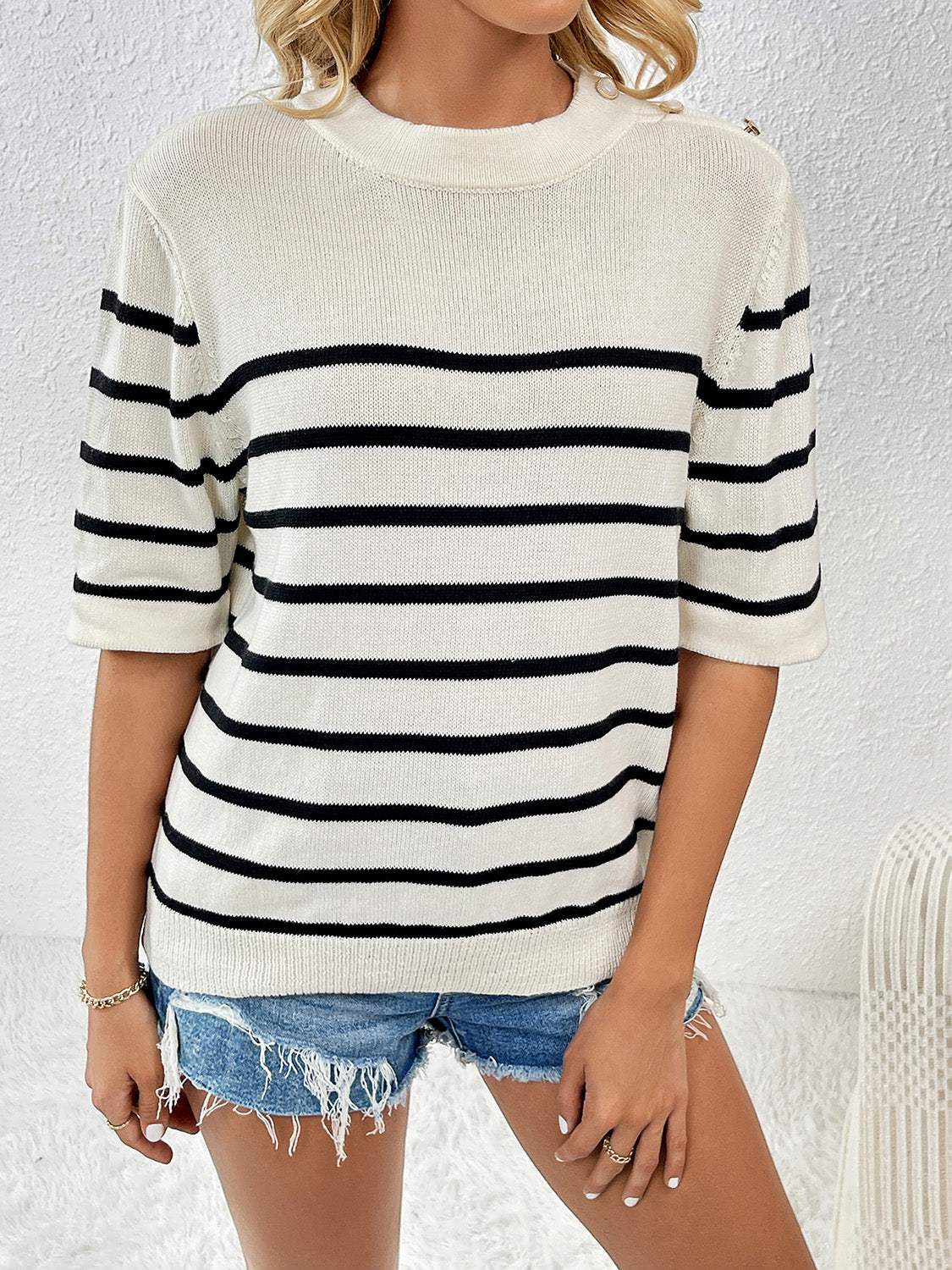 Striped Round Neck Half Sleeve Knit Top - Trendsi - Flyclothing LLC