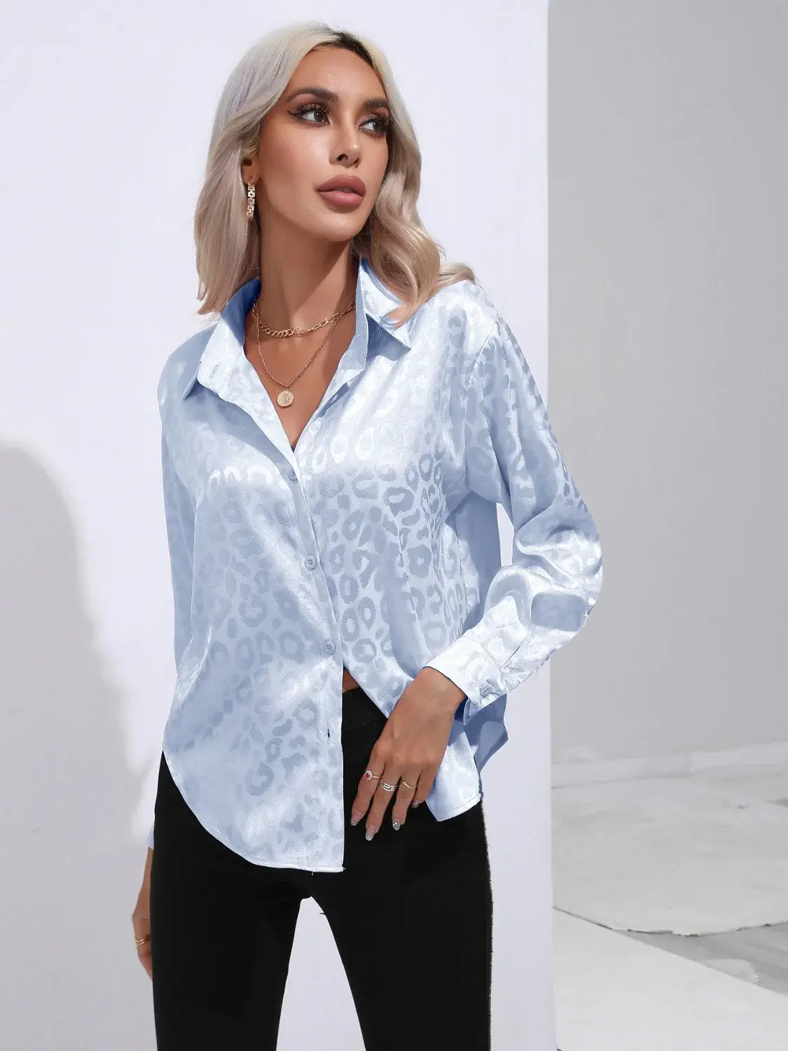 Leopard Collared Neck Long Sleeve Shirt - Trendsi - Flyclothing LLC