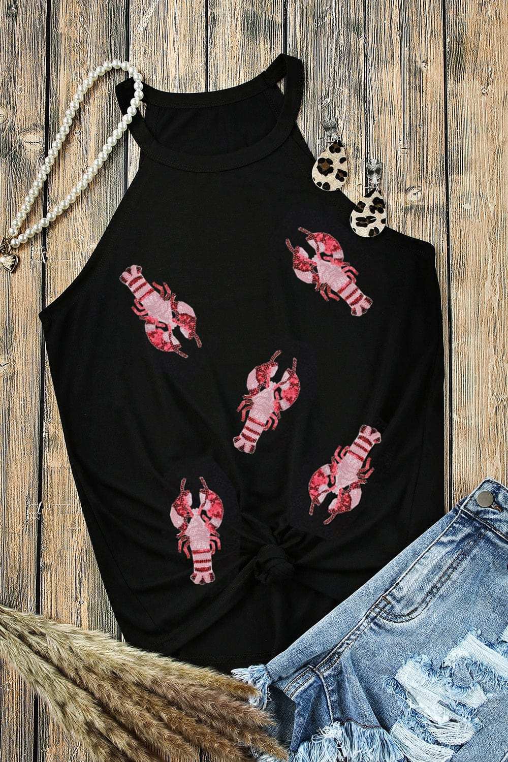 Sequin Lobster Round Neck Tank - Trendsi - Flyclothing LLC