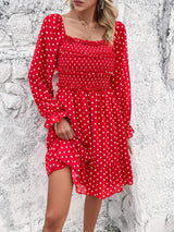 Smocked Polka Dot Long Sleeve Dress - Trendsi - Flyclothing LLC
