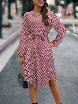 Tied Printed Notched Balloon Sleeve Dress - Trendsi - Flyclothing LLC