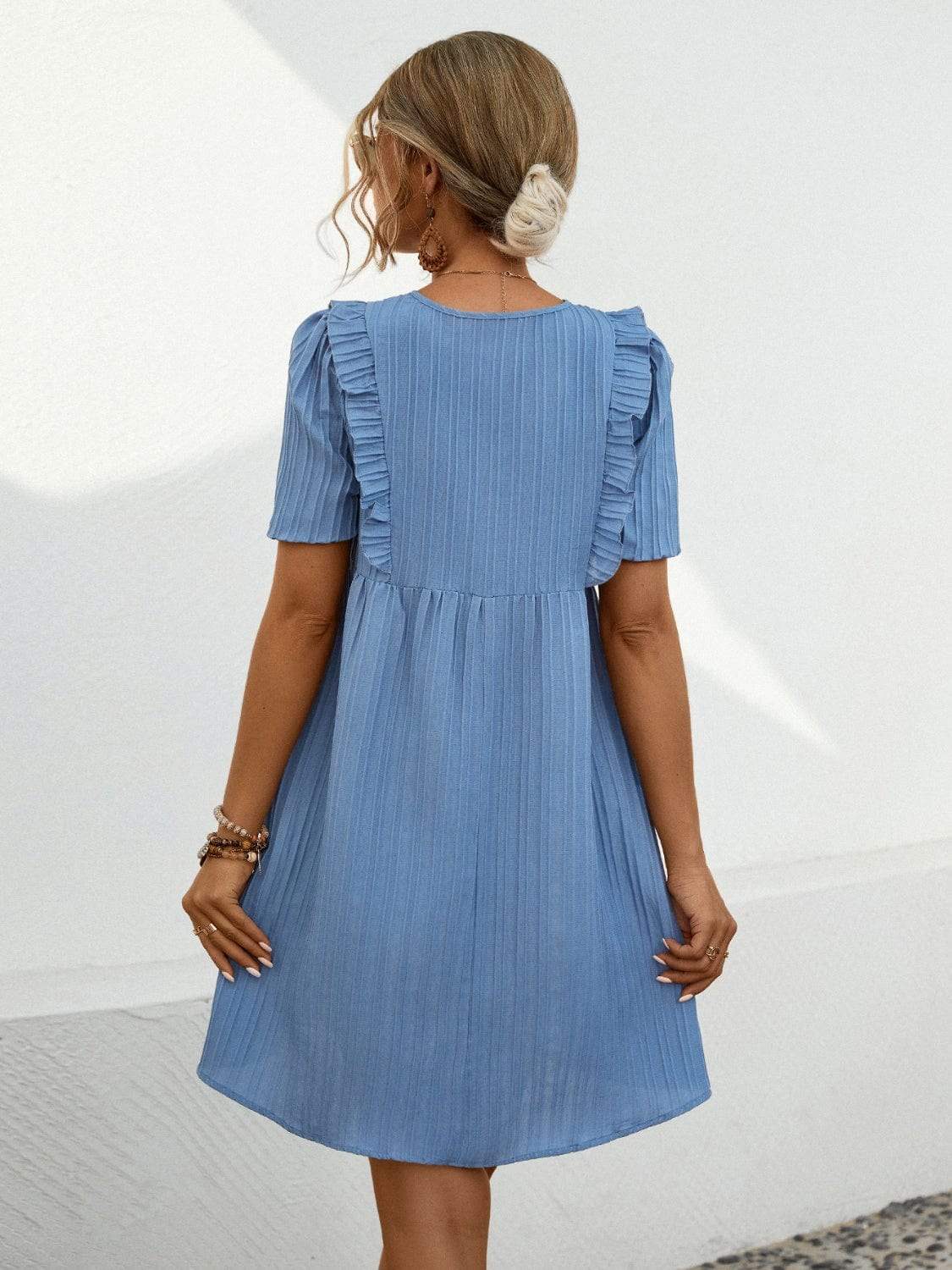 Tie Neck Short Sleeve Mini Dress - Trendsi - Flyclothing LLC