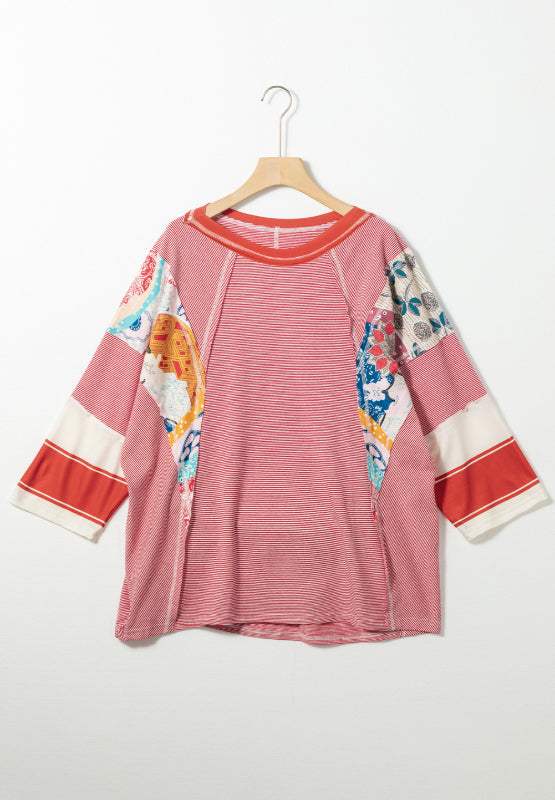 Striped Floral Patchwork Round Neck Top - Trendsi - Flyclothing LLC