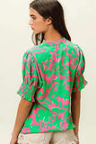BiBi Smocked Cuff Floral Contrast Top - Trendsi - Flyclothing LLC