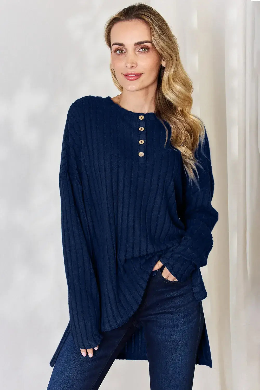Basic Bae Full Size Ribbed Half Button Long Sleeve High-Low T-Shirt - ShopBasicbae - Flyclothing LLC