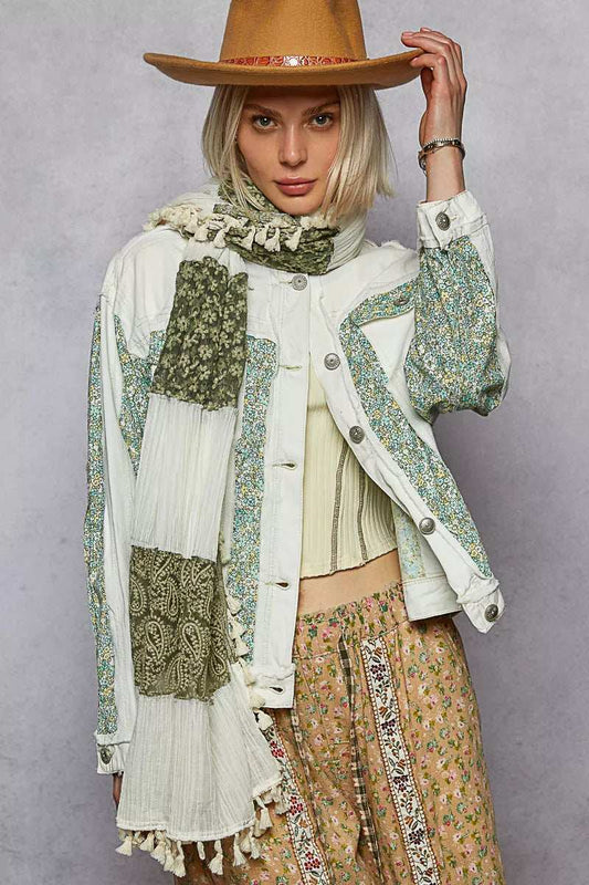 POL Button Down Patchwork Denim Jacket with Floral Print Details - Trendsi - Flyclothing LLC
