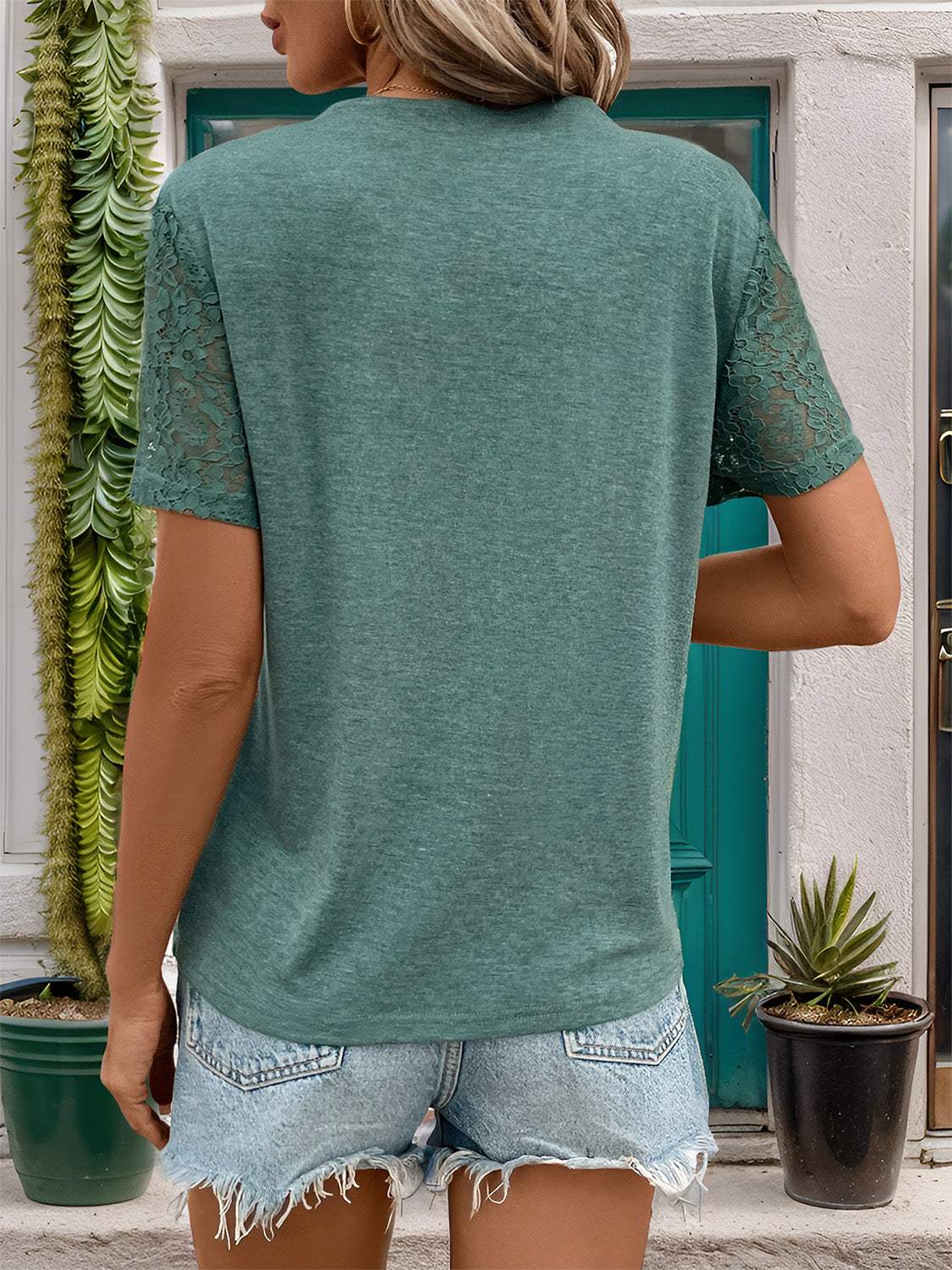 Lace Detail Notched Short Sleeve T-Shirt - Trendsi - Flyclothing LLC