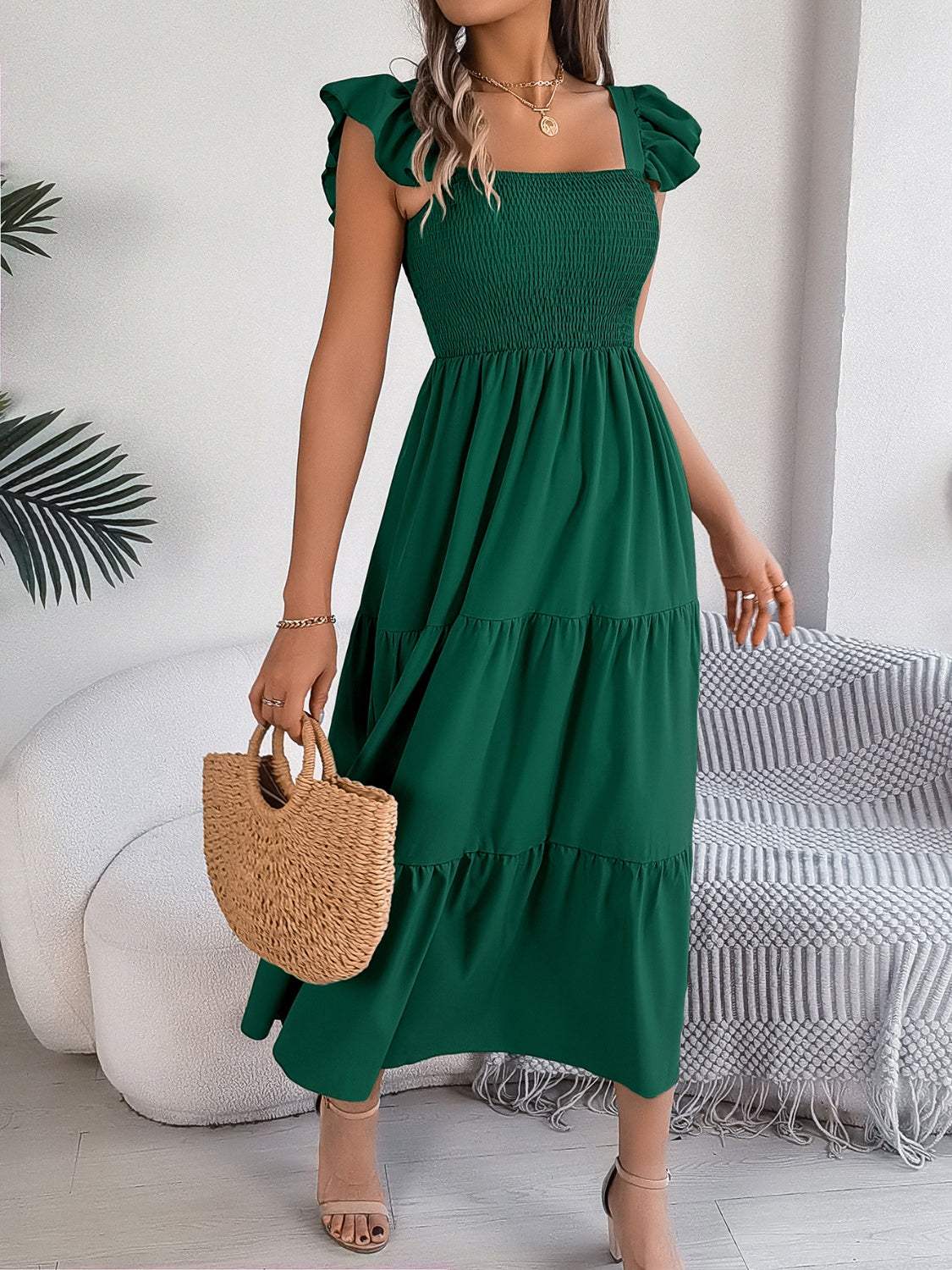 Smocked Square Neck Cap Sleeve Midi Dress - Trendsi - Flyclothing LLC