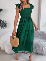 Smocked Square Neck Cap Sleeve Midi Dress - Trendsi - Flyclothing LLC