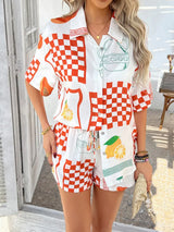 Devine Printed Collared Neck Half Sleeve Top and Shorts Set - Trendsi - Flyclothing LLC